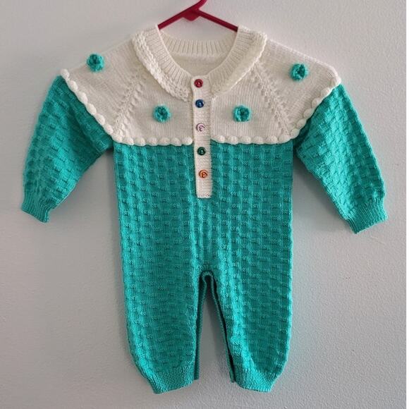 Handmade Crochet One-Piece Footie Jumper Handknit Colorblock VTG